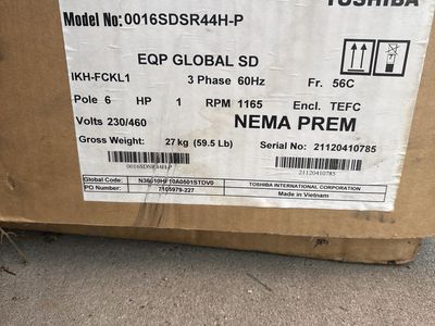 Toshiba 3 phase 230V 460V 6 hp Motor