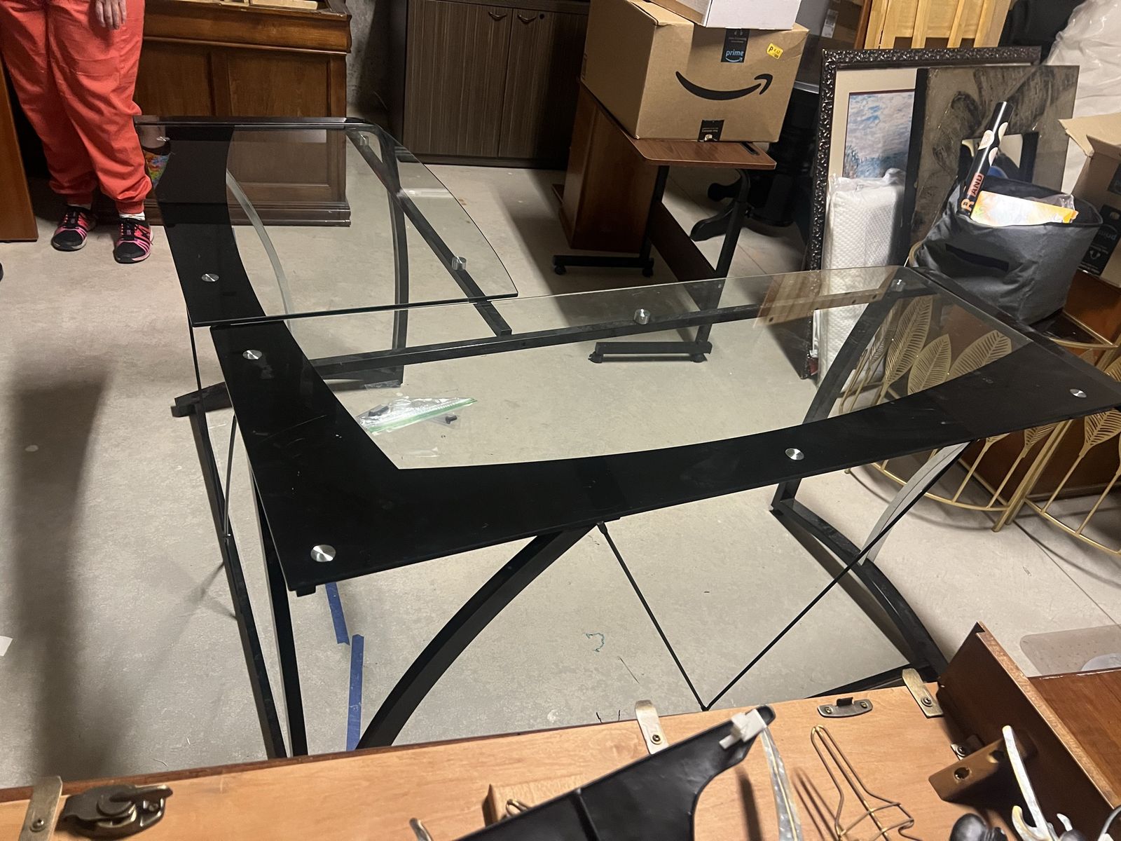 Modern L-Shaped Glass Computer Desk with Black Metal Frame