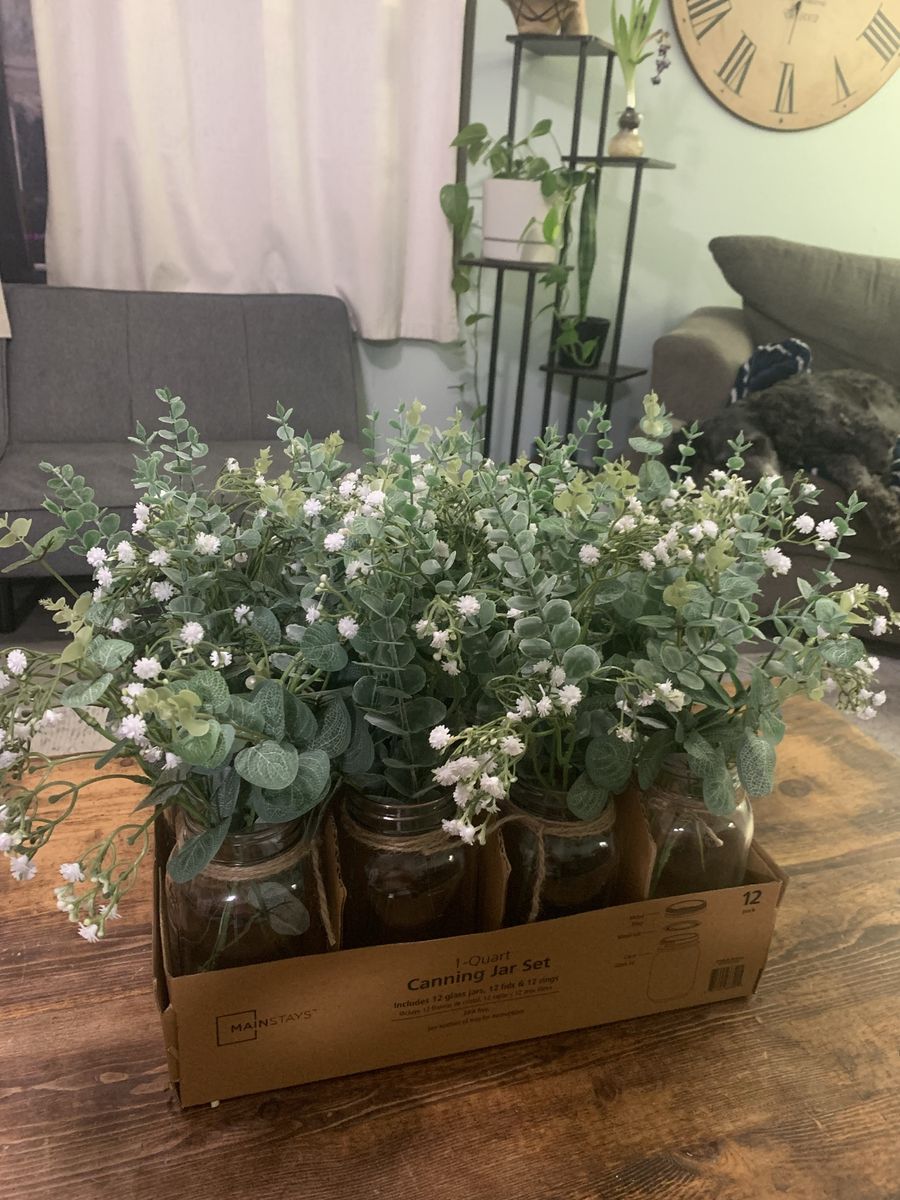 Mainstays Glass Mason Jar Centerpieces with Artificial Eucalyptus and Baby's Breath - Set of 12