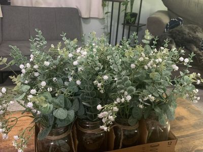 Mainstays Glass Mason Jar Centerpieces with Artificial Eucalyptus and Baby's Breath - Set of 12