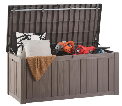 New - 120 Gallon Wood Grain Style Lockable Deck Box.  Black and Grey