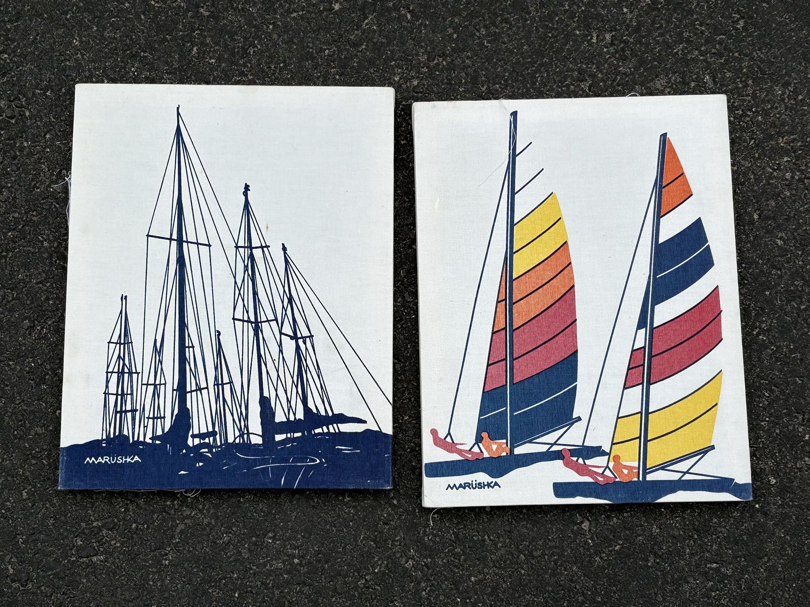 Vintage 1970’s Marushka sailing art prints. Screenprint Nautical, rainbow catamaran, lake, ocean water, fabric wall art