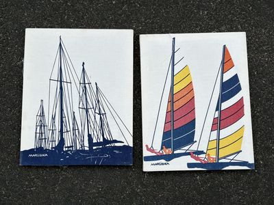 Vintage 1970’s Marushka sailing art prints. Screenprint Nautical, rainbow catamaran, lake, ocean water, fabric wall art