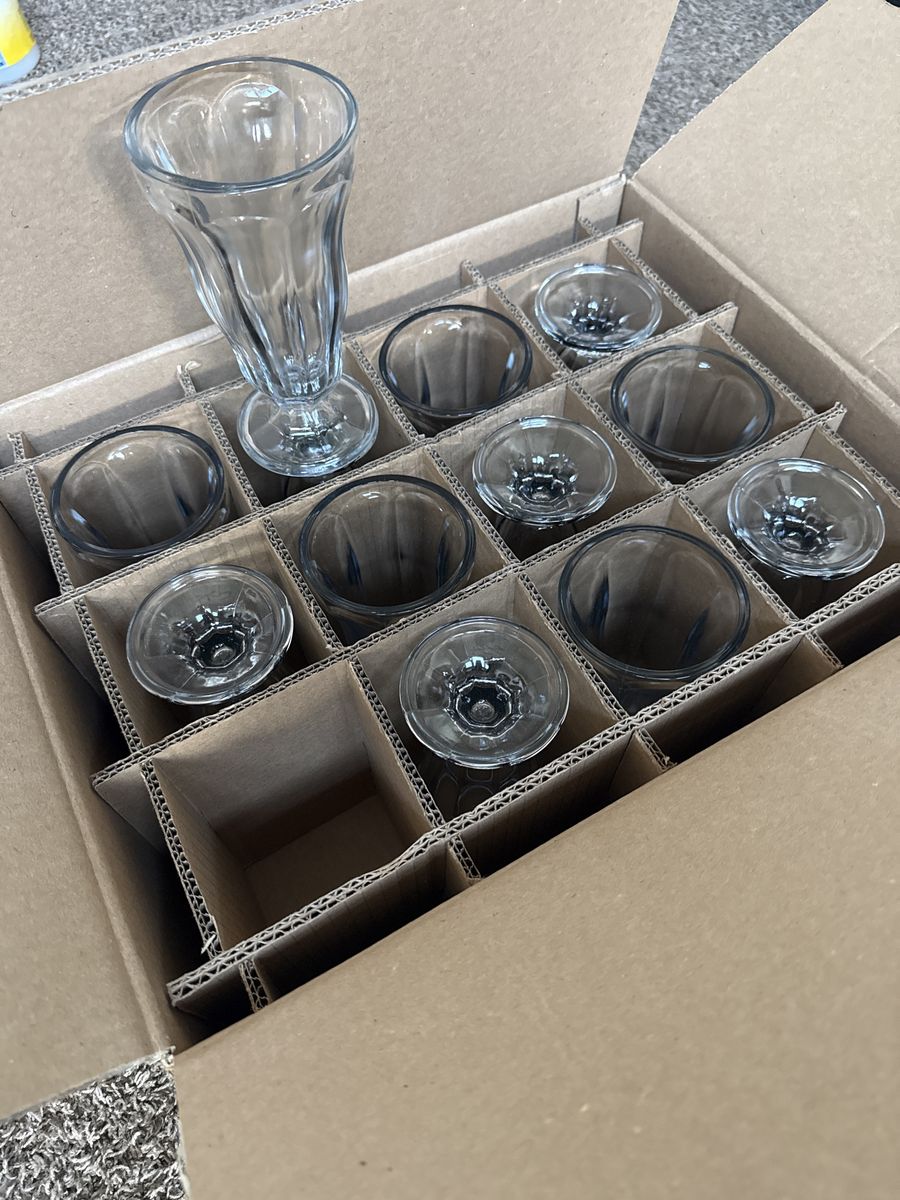 Brand new Set of 12 Clear Glass Dessert/Sundae Cups - Footed Ruffled Edge, Excellent Condition