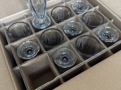 Brand new Set of 12 Clear Glass Dessert/Sundae Cups - Footed Ruffled Edge, Excellent Condition