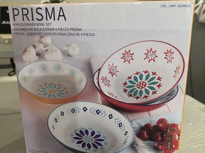 NEW-4 SETS-Baum Prisma 4-Piece Stoneware Dinner Bowl Set 8 Inch Multi Pattern Bowls