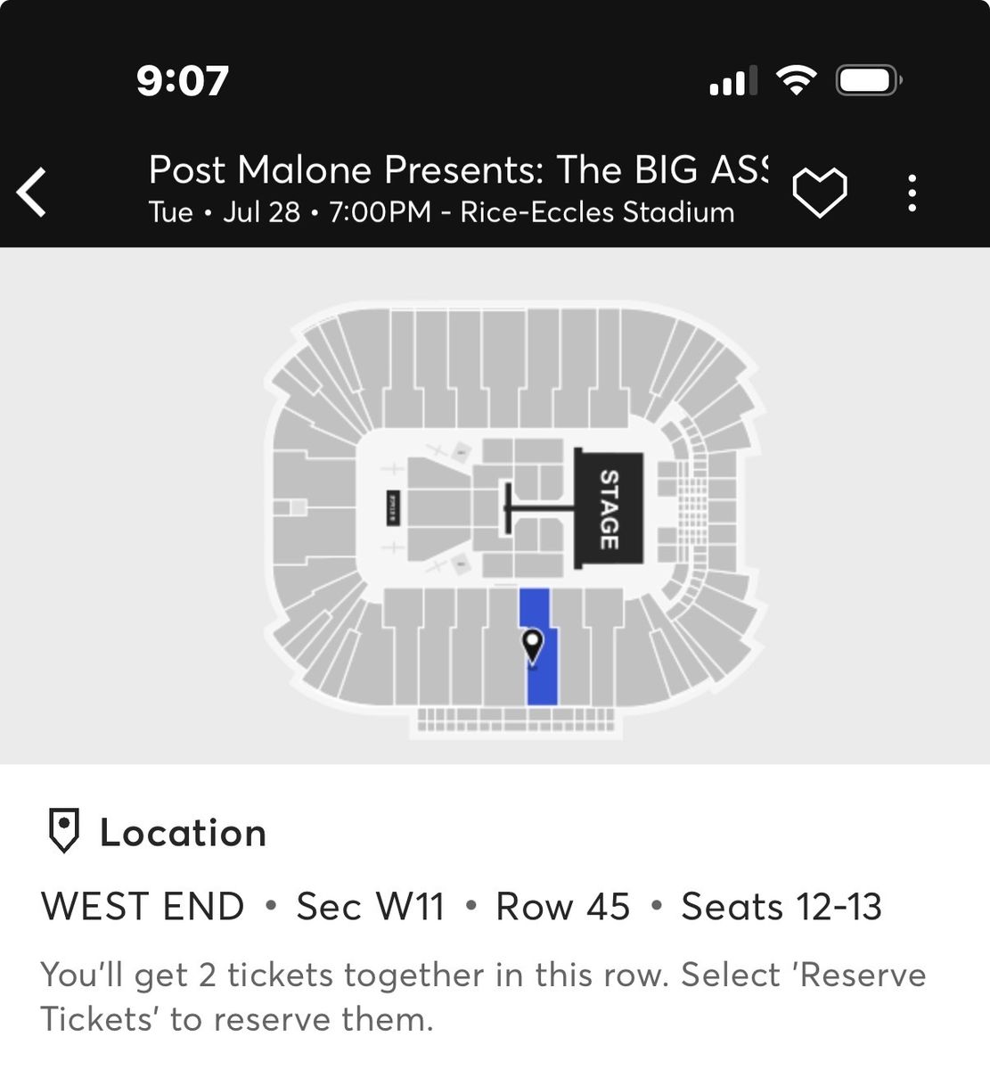2 Post Malone "The BIG ASS Stadium Tour Part 2" Tickets - Sec W11, Row 45, Seats 12-13