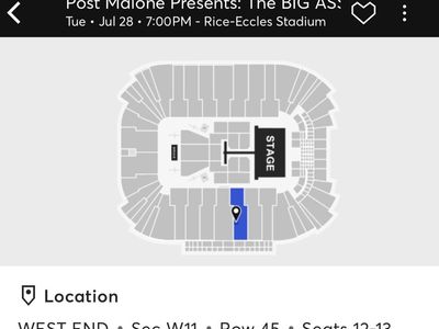 2 Post Malone "The BIG ASS Stadium Tour Part 2" Tickets - Sec W11, Row 45, Seats 12-13
