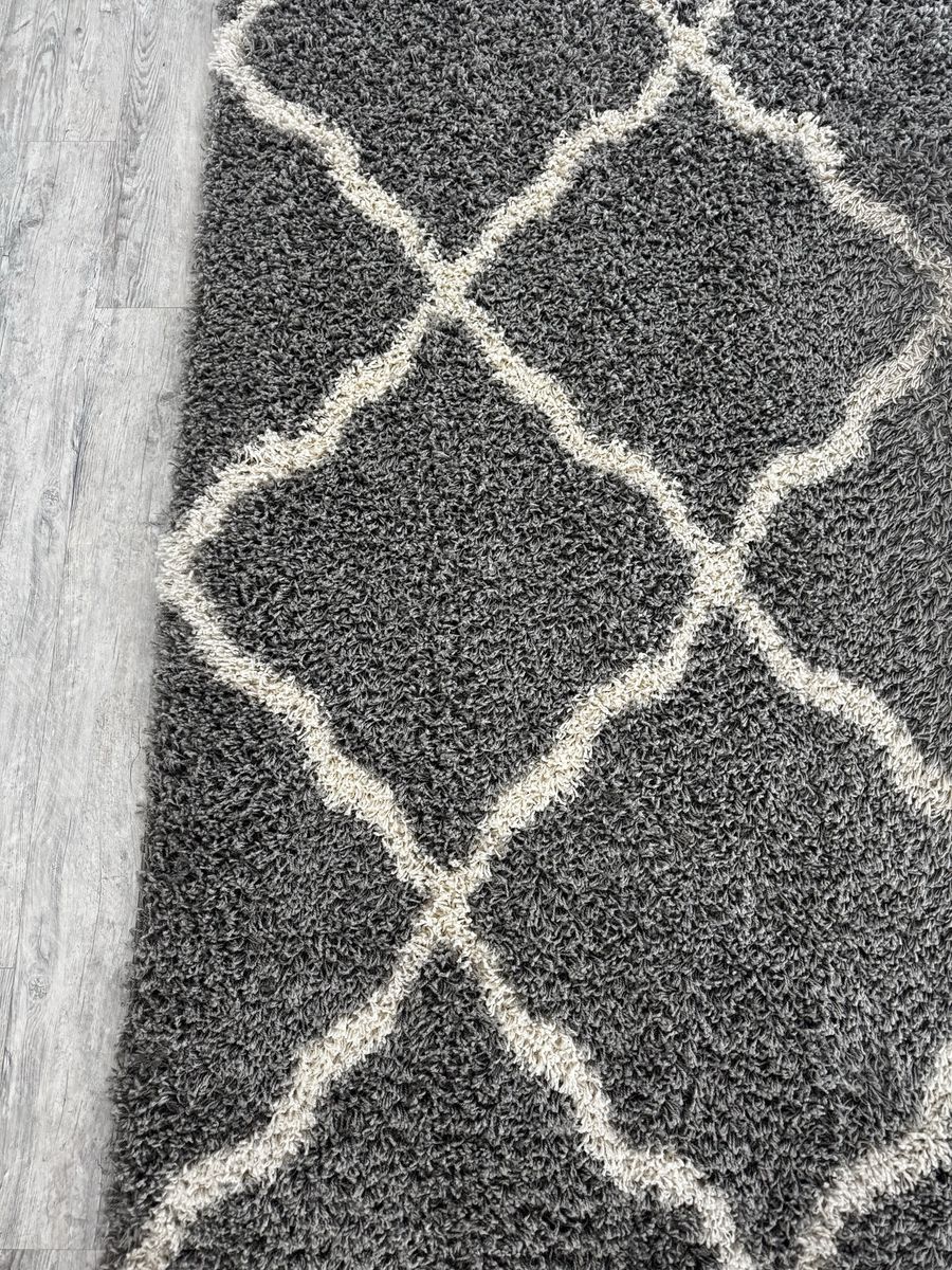 Large Gray & White Geometric Shag Area Rug - 100" x 146" Living Room Carpet