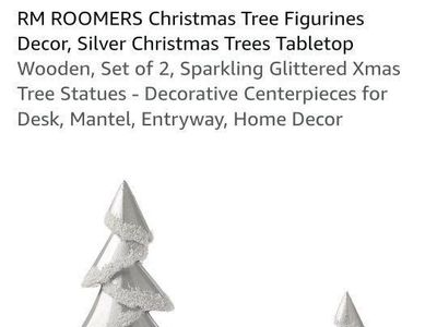 New RM ROOMERS Silver Wooden Christmas Tree Figurines with Glitter Edges, Set of 2