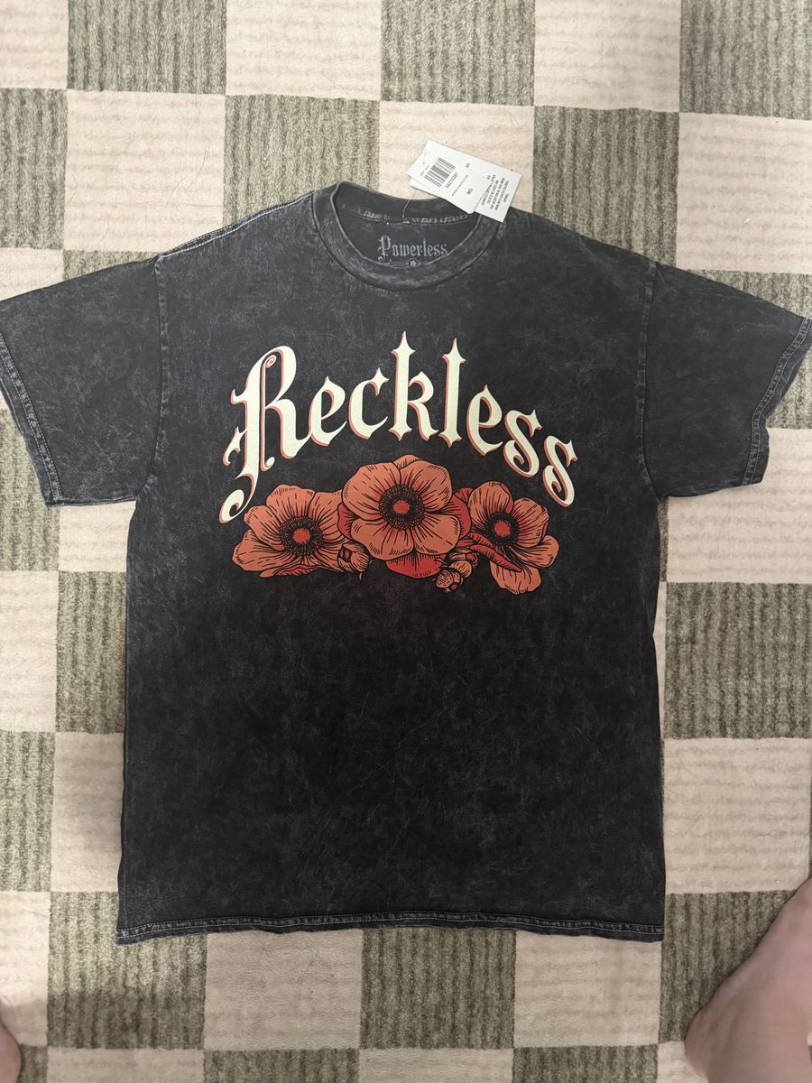 Powerless Reckless Graphic Tee Mineral Wash Black Size Medium and Large New with Tags