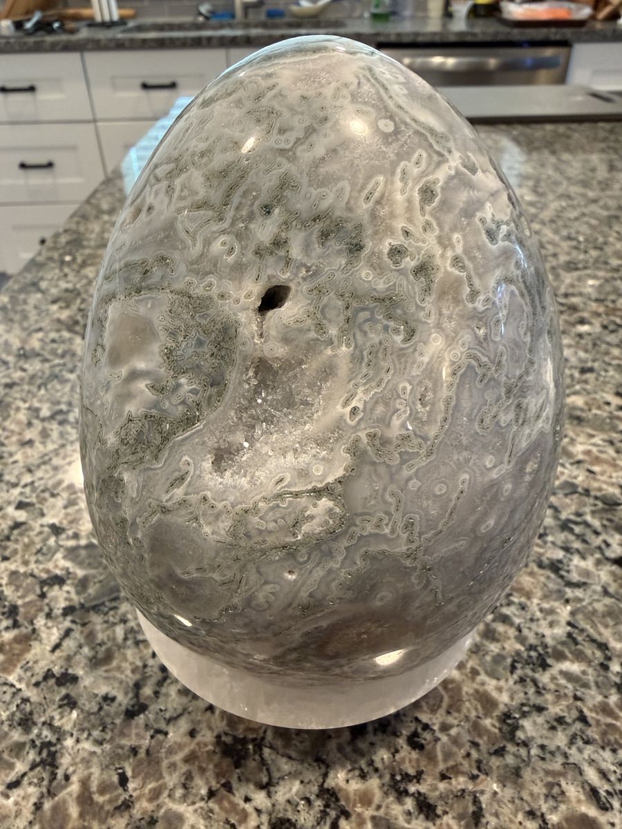 Crystal Moss Agate Egg with Selenite Holder