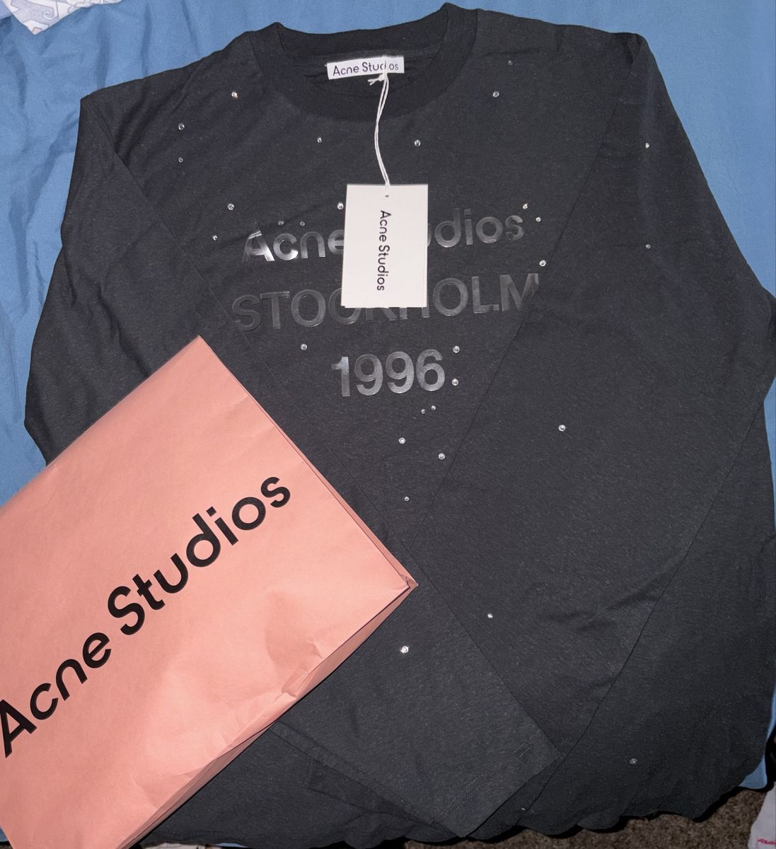 Acne Studios Stockholm 1996 Rhinestone Long Sleeve Shirt Black Unisex for Men and Woman size for men is small and Woman medium