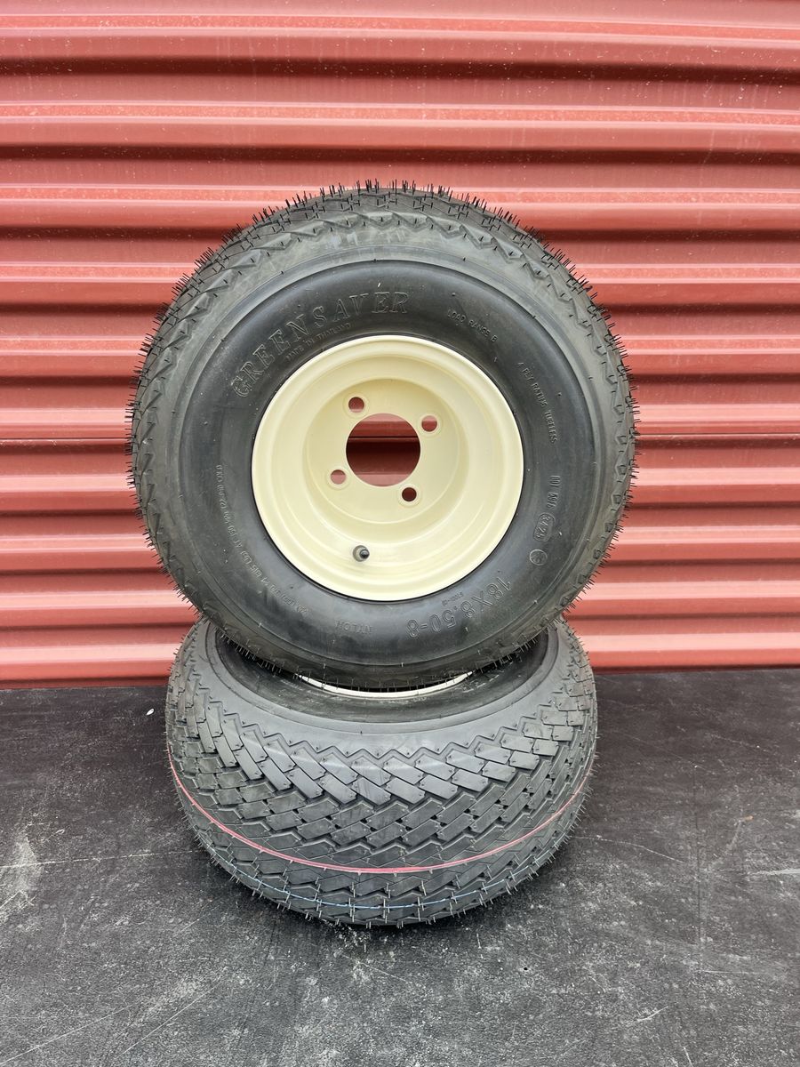 New Green Saver 18X8.5-8 Golf Cart Tires  Mounted on New Tan Wheels $60.00 for Both
