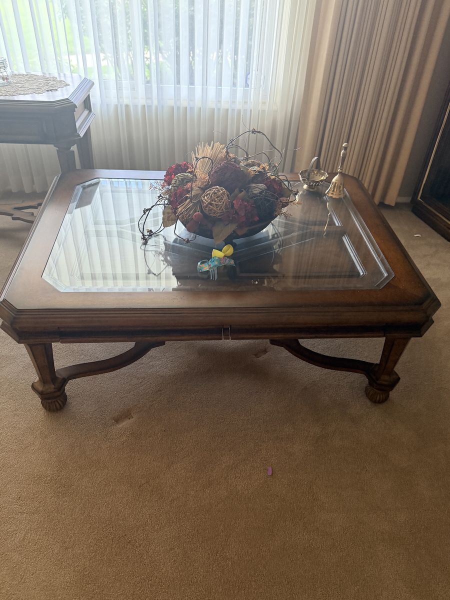 Apenhome Ornate Wood Coffee Table, 2 End Tables and 1 Sofa Table Set with Glass Tops