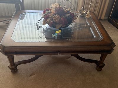 Apenhome Ornate Wood Coffee Table, 2 End Tables and 1 Sofa Table Set with Glass Tops