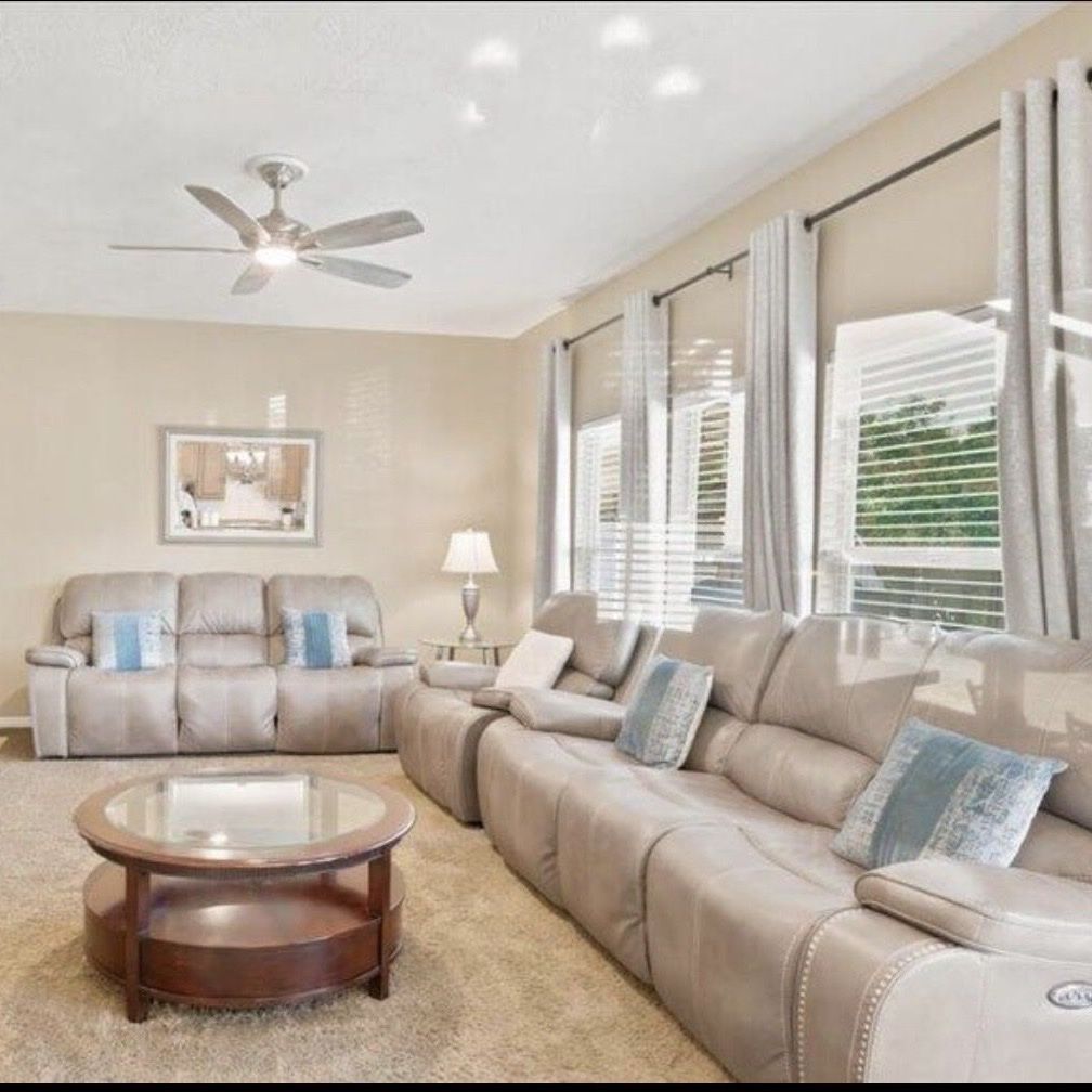 Taupe Power Reclining Sofa, Loveseat, & Recliner Set with Coffee Table & Side Table.
