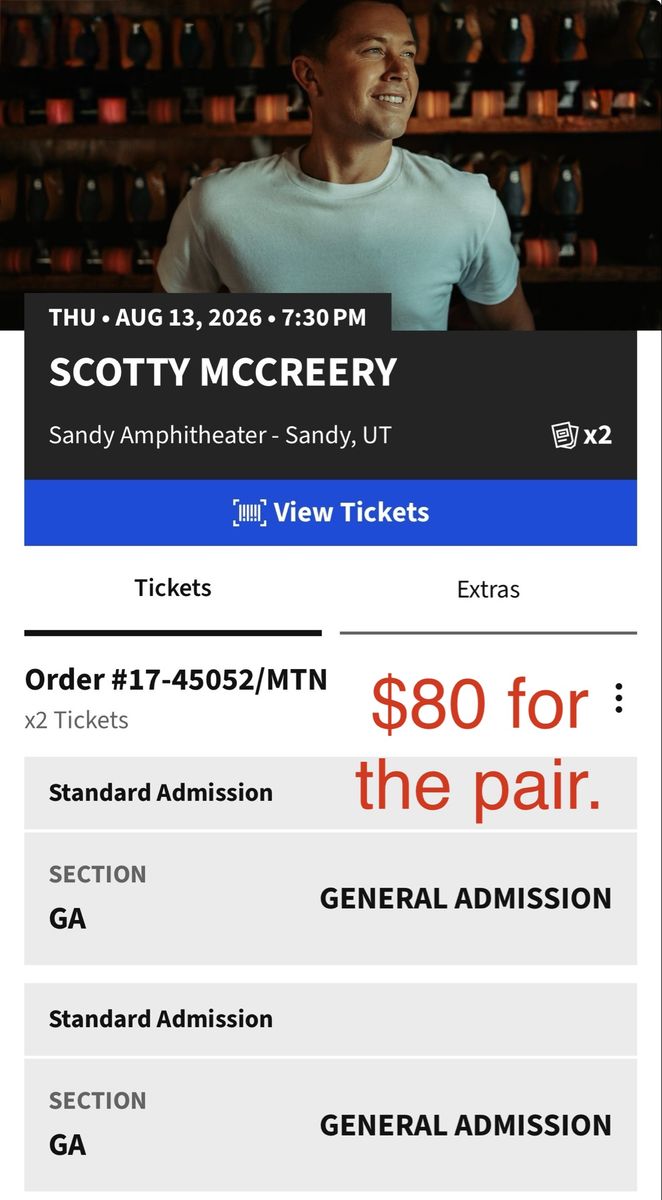 Scotty McCreery Tickets with Kruse Brothers - 2x GA at Sandy Amphitheater (Aug 13, 2026) 