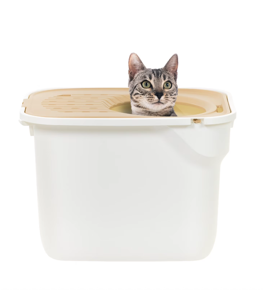Large Top Entry Cat Litter Box | Litter Catching Lid Enclosure, White/Beige