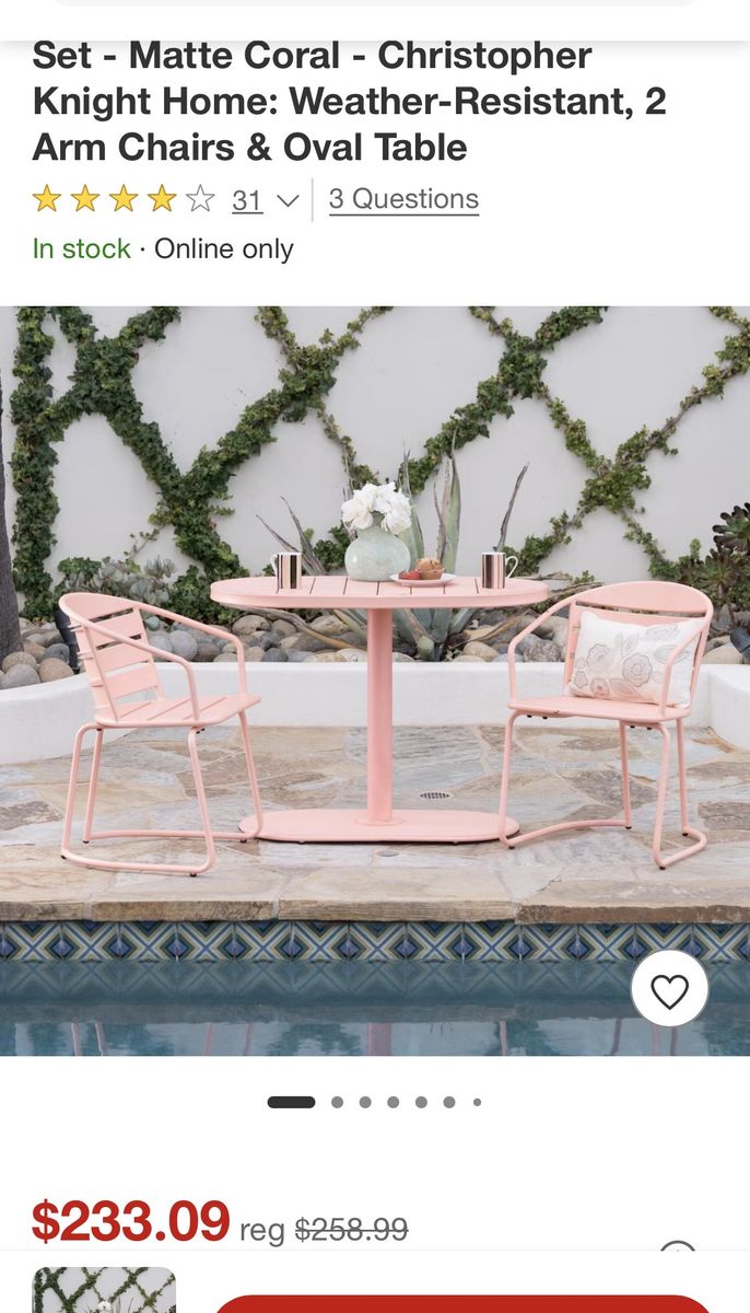 Christopher Knight Home Matte Coral Weather-Resistant 2 Arm Chairs & Oval Table Set