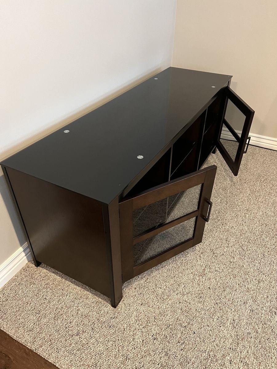 Dark Brown Wood TV Stand Console with Glass Top and Cabinet Doors