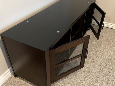 Dark Brown Wood TV Stand Console with Glass Top and Cabinet Doors