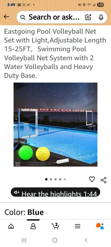 New in Box! Volleyball Pool Net Set w/Lights &Base
