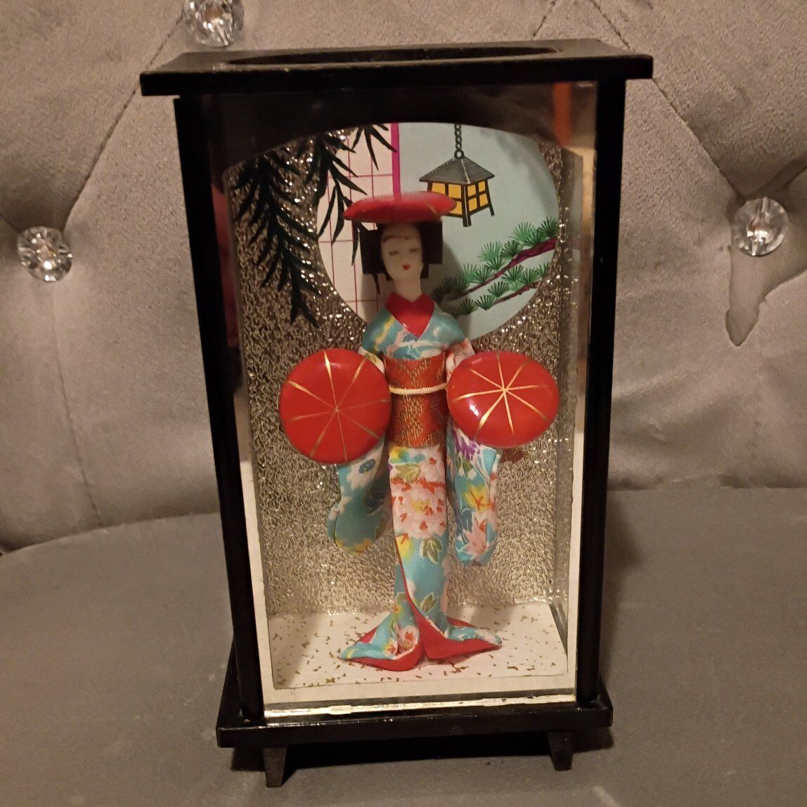 Japanese Geisha Doll in Glass Case