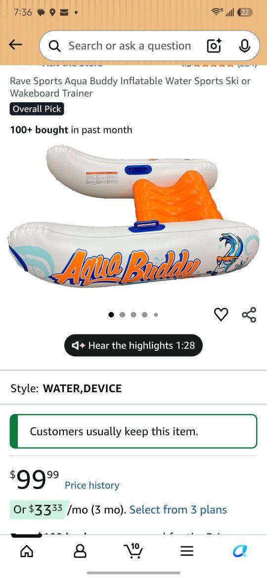 Rave Sports Aqua Buddy Inflatable Water Sports Ski or Wakeboard Trainer