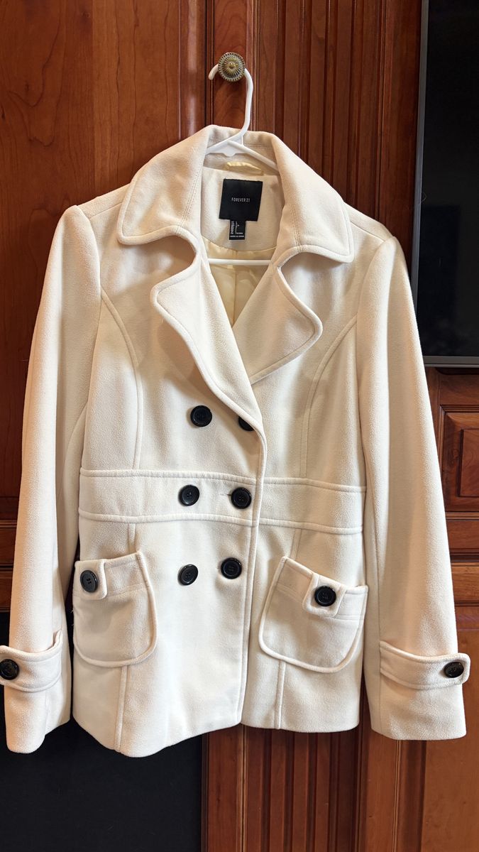 Forever 21 Women's Cream Double-Breasted Pea Coat Size L