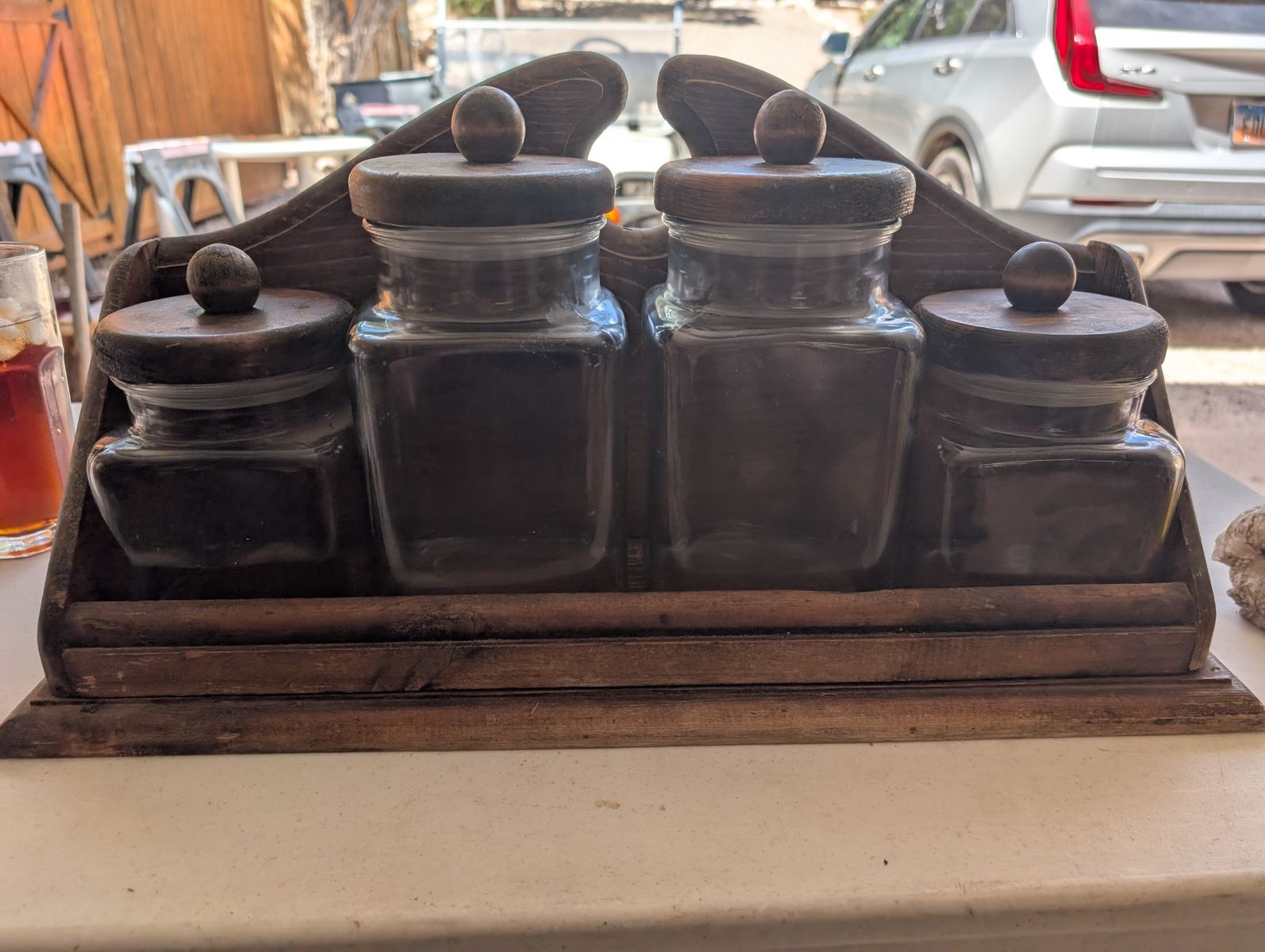 Vintage Wooden Spice Rack Holder with 4 Glass Canister Jars and Lids