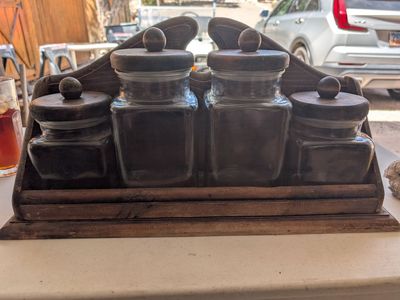 Vintage Wooden Spice Rack Holder with 4 Glass Canister Jars and Lids