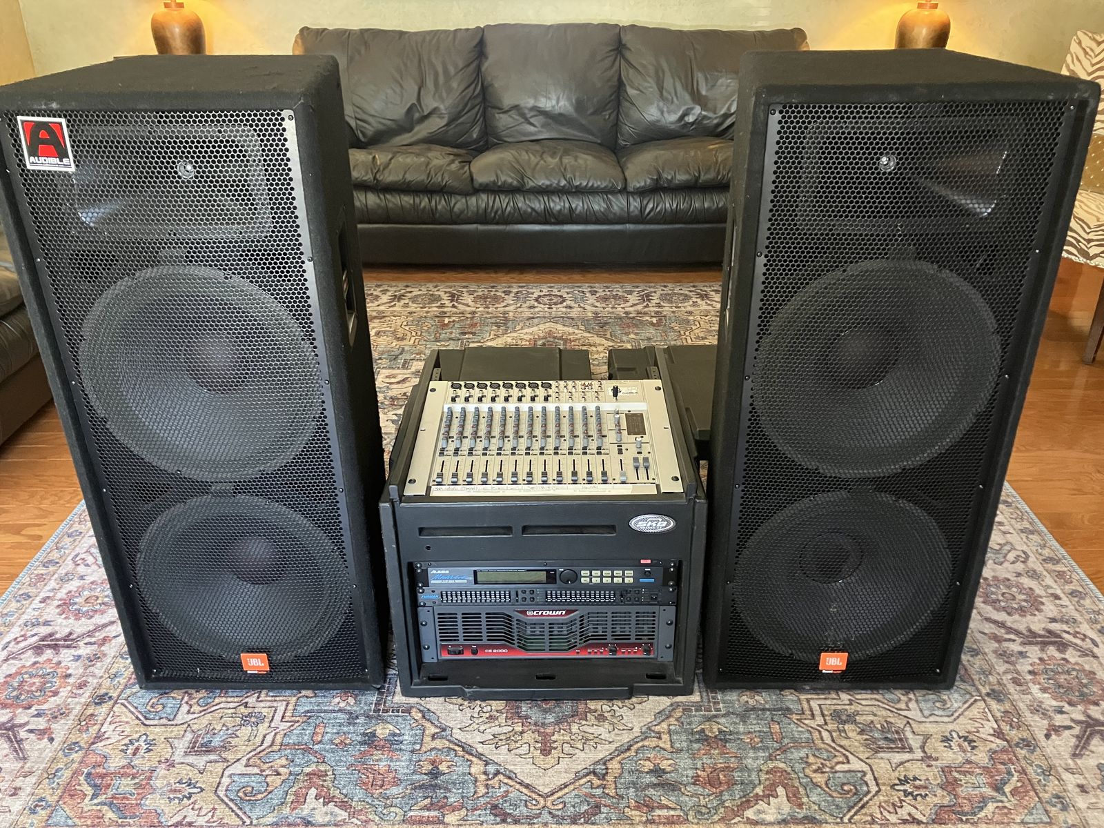 PA System - JBL SF25 Speakers, Crown Amp, 16 Channel Mixer, Reverb, EQ, All Cables