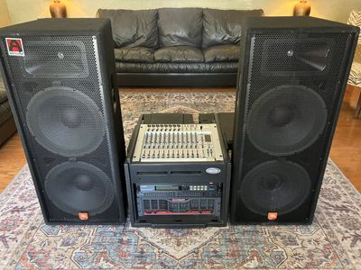 PA System - JBL SF25 Speakers, Crown Amp, 16 Channel Mixer, Reverb, EQ, All Cables