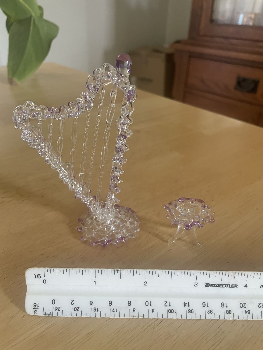 Handmade Glass Harp & Table Decor Set - Clear & Purple - Musical Instrument Figurine