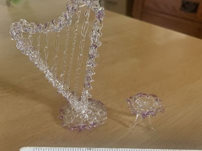Handmade Glass Harp & Table Decor Set - Clear & Purple - Musical Instrument Figurine