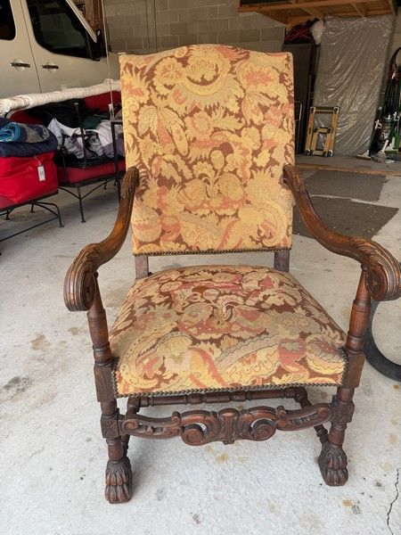 Vintage Hand-Carved Wooden Armchair with Tapestry Upholstery - Ornate Design