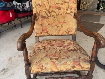Vintage Hand-Carved Wooden Armchair with Tapestry Upholstery - Ornate Design