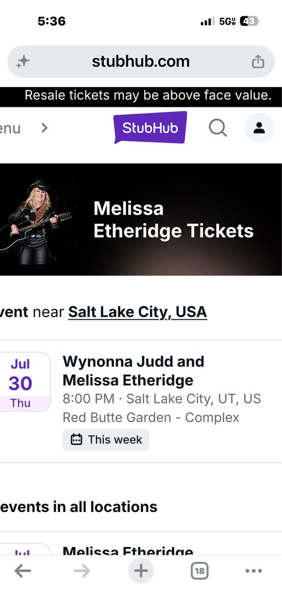 Melissa Etheridge/ Winona Judd tickets