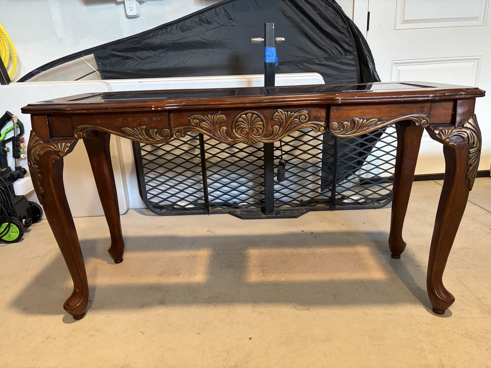 Ornate Carved Wood Console Table with Glass Top & Intricate Detailing, Dark Cherry Finish