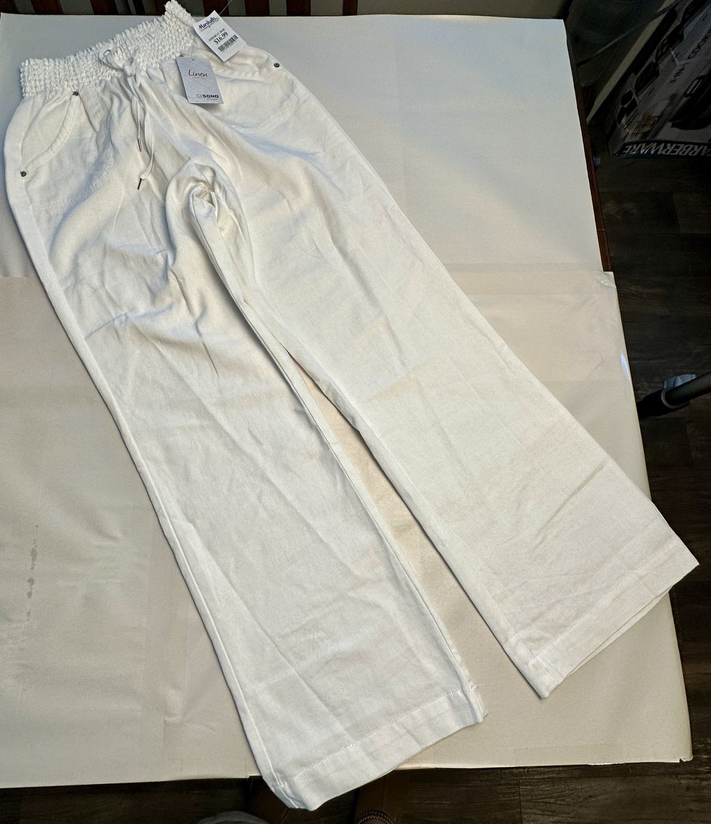 Ci Sono Linen Wide Leg Pants Womens White Pull On Drawstring NWT
