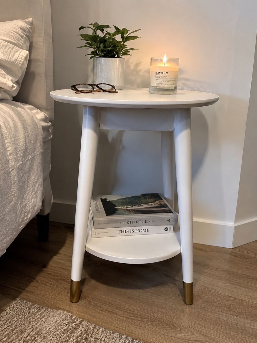 Modern White Round End Table with Storage Shelf and Gold-Cap Legs 24” tall side table nightstand accent table