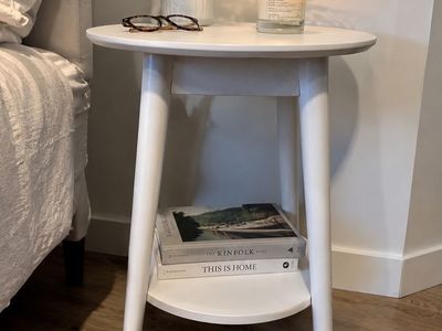 Modern White Round End Table with Storage Shelf and Gold-Cap Legs 24” tall side table nightstand accent table