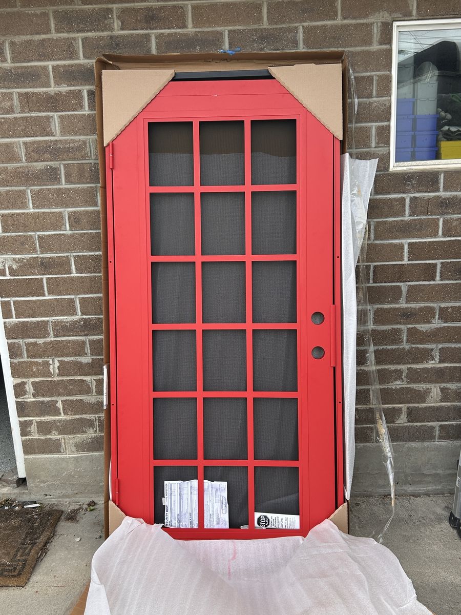 New red aluminum security screen door 36” x 80” RH