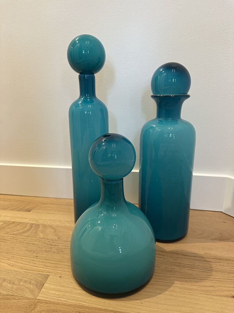 3 WEST ELM TURQUOISE GLASS VASES WITH BUBBLE TOPS