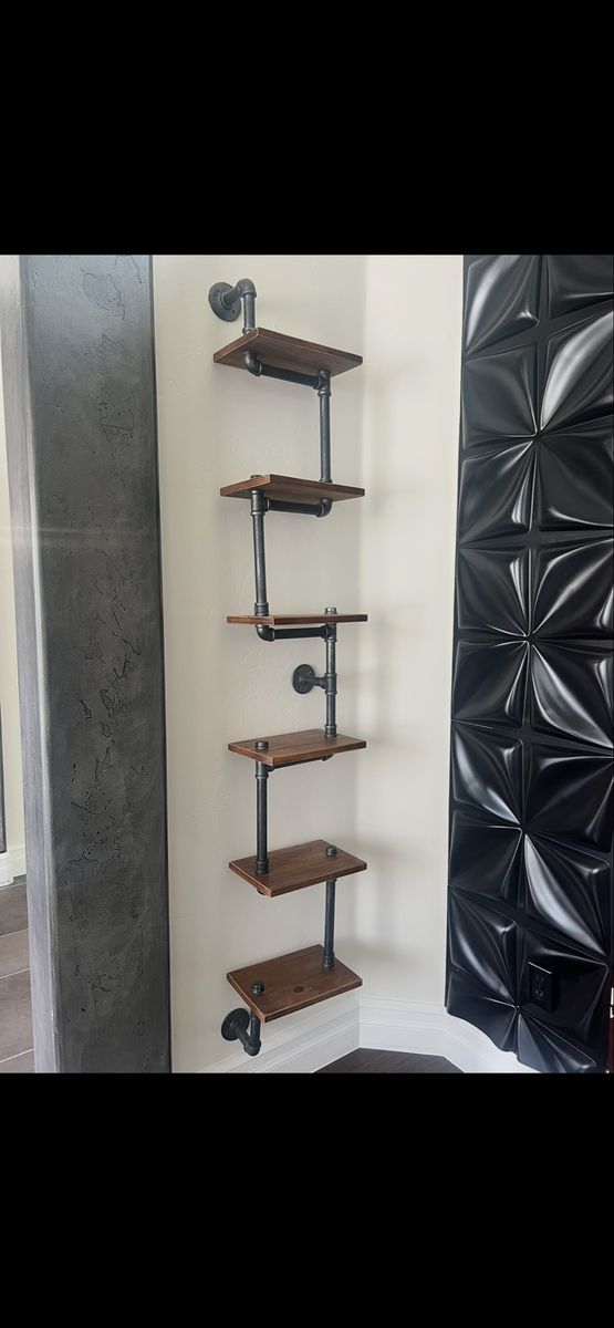Set of two Industrial Pipe & Wood Corner Wall Shelf’s- 6-Tier and 3 tier Rustic Floating Storage Units