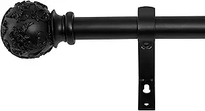 RYB HOME Matte Black Metal Curtain Rod w/Embossed Ball Finials w/Bracket Set & Hardware