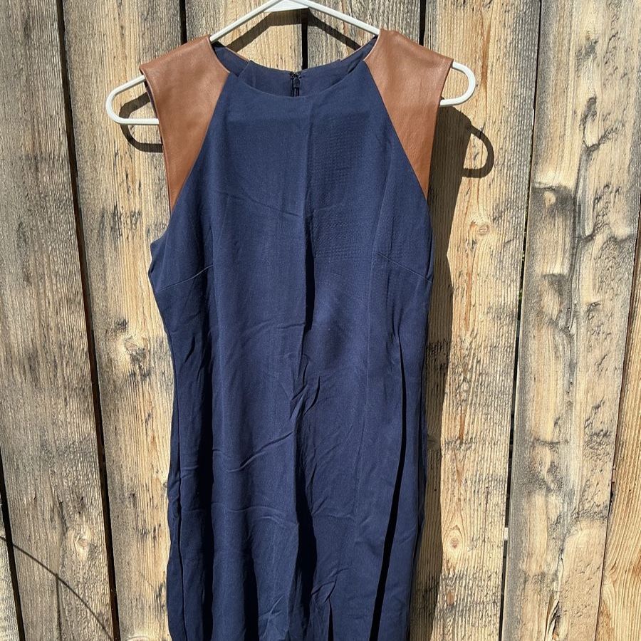 Lauren Ralph Lauren Navy Blue Sheath Dress Genuine Leather Shoulder Size 10