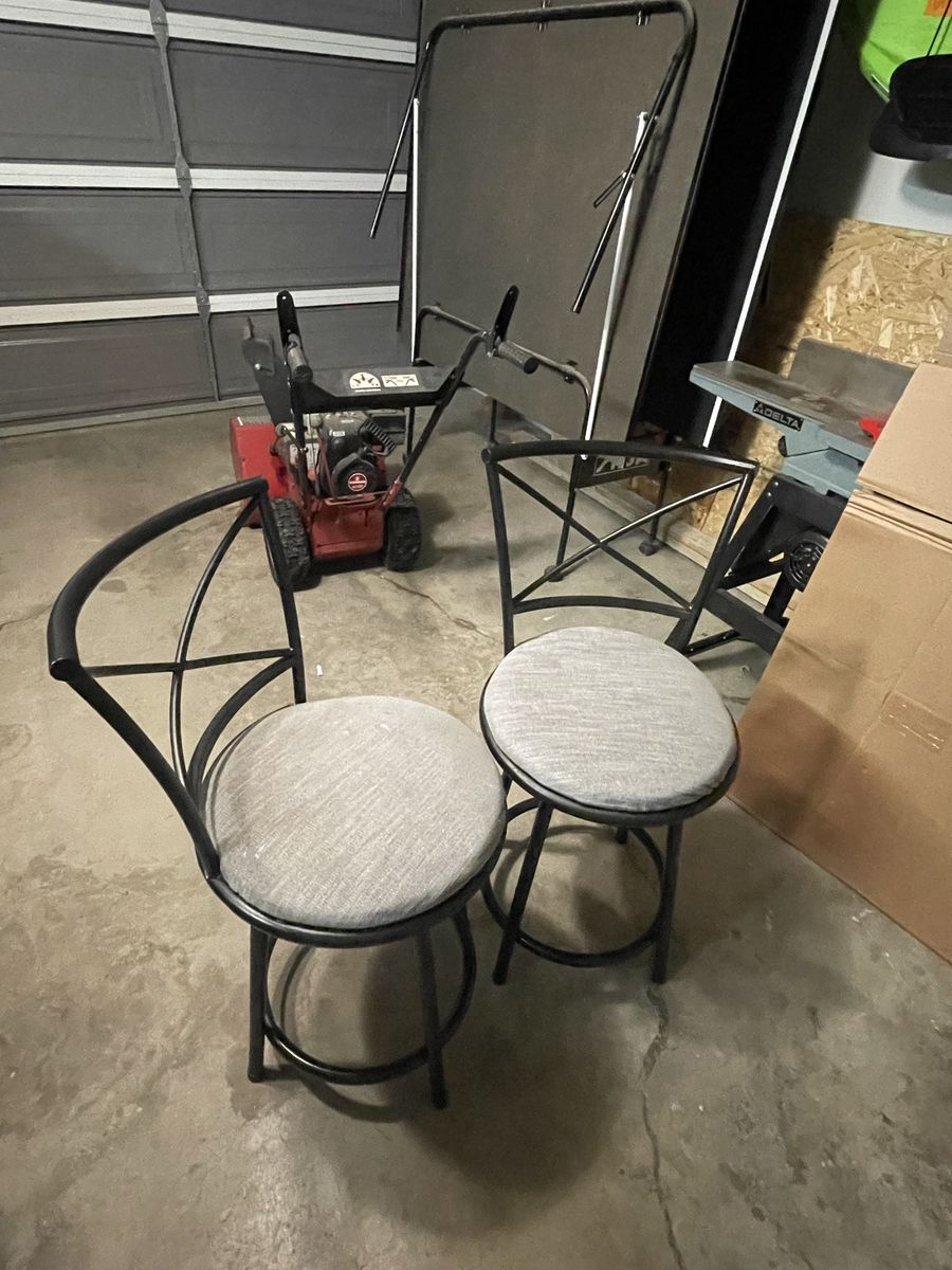 Set of 2 Black Metal Swivel Bar Stools with Grey Fabric Cushions, Backed Stools, $20 OBO for both.