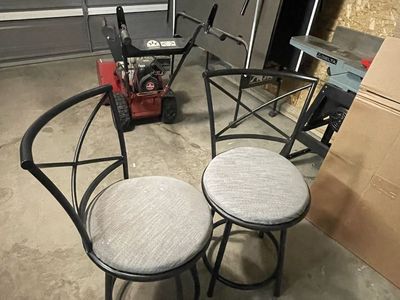 Set of 2 Black Metal Swivel Bar Stools with Grey Fabric Cushions, Backed Stools, $20 OBO for both.